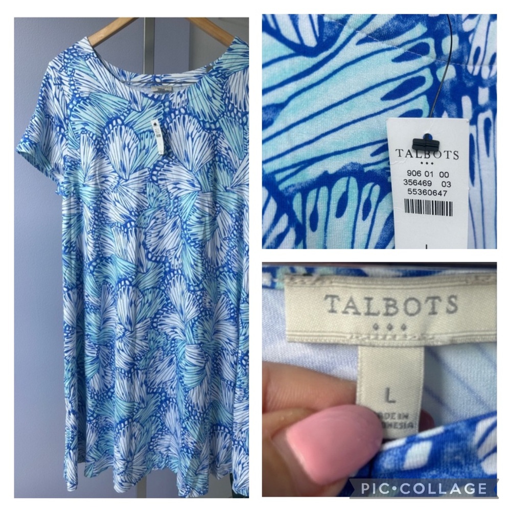 NWT Talbots Short Sleeve T-Shirt Dress Beachy Size Large Blue White